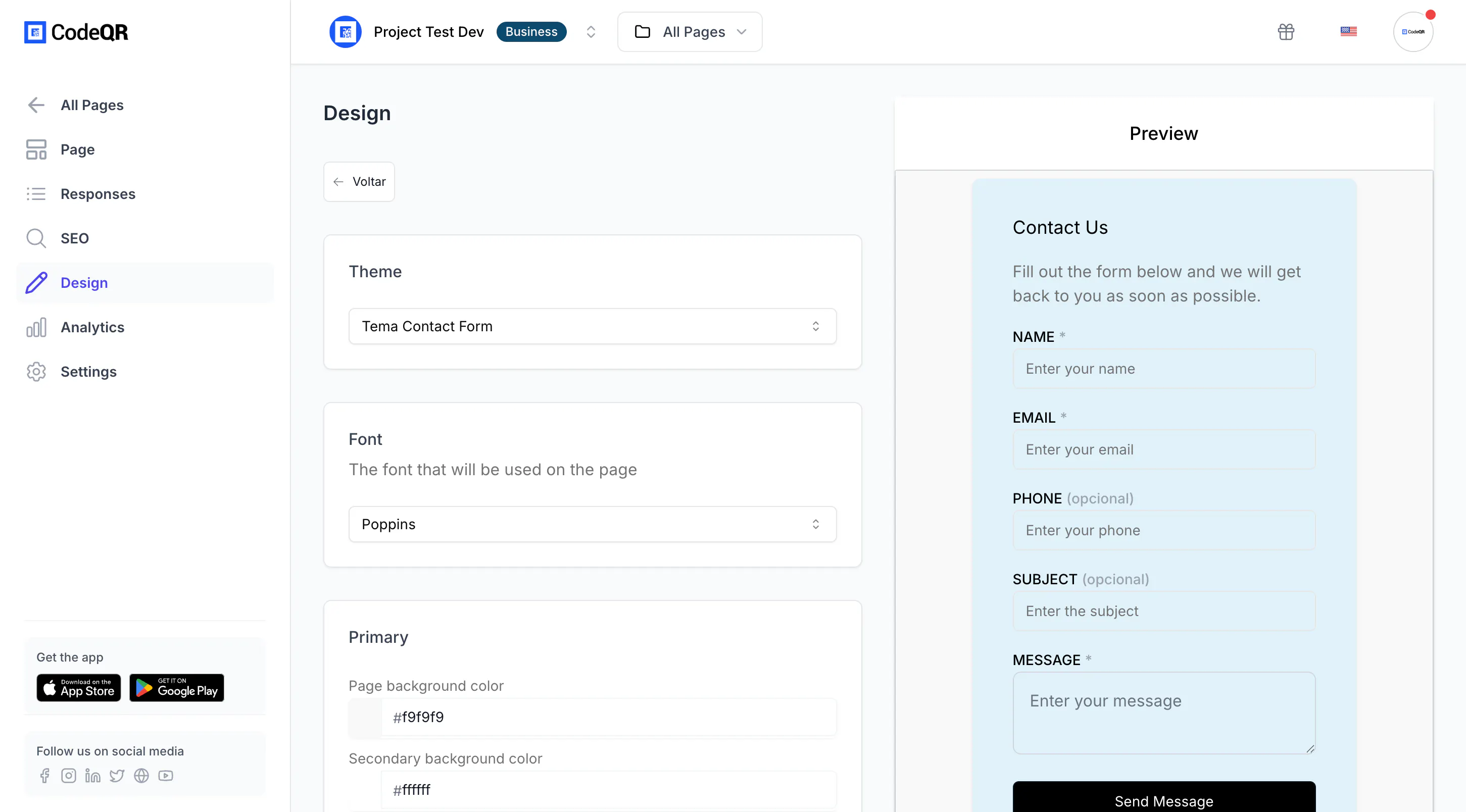The Design tab with the theme, font and the colour fields for the page, buttons and card