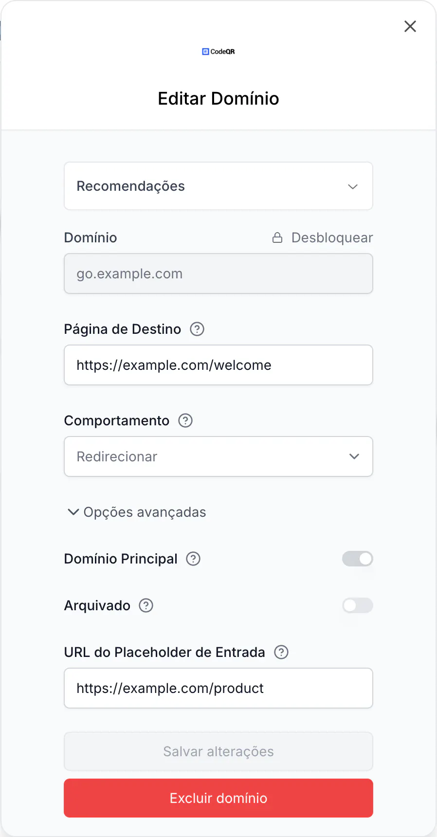 A janela Editar Domínio com a Página de Destino preenchida, o Comportamento em Redirecionar e as opções avançadas abertas