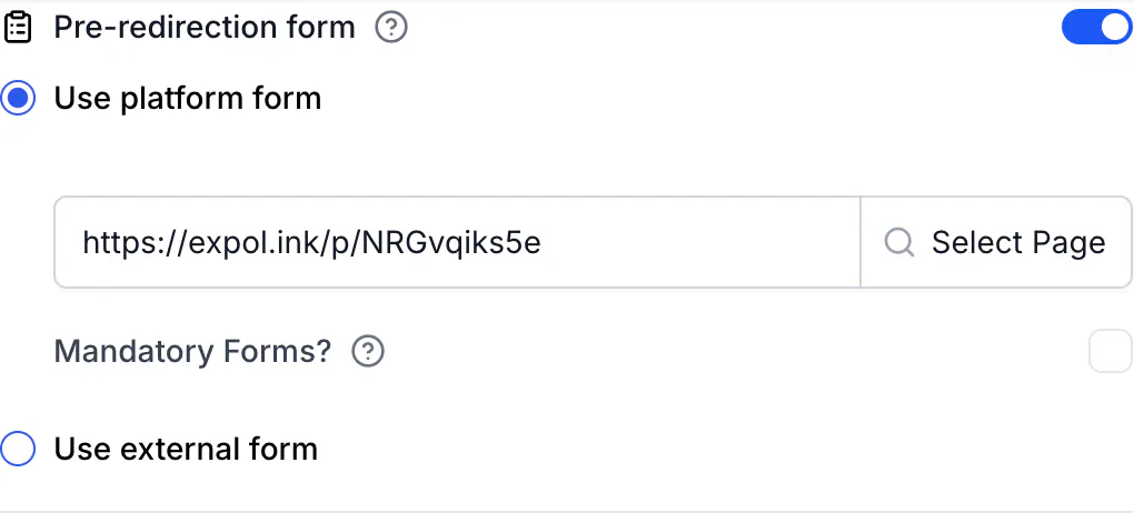 The Pre-redirection form section with Use platform form selected and the page URL https://expol.ink/p/NRGvqiks5e filled next to the Select Page button