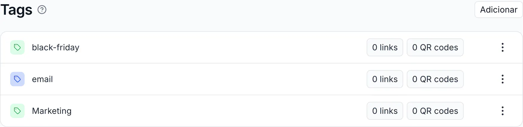 The Tags settings page listing three tags with their colors