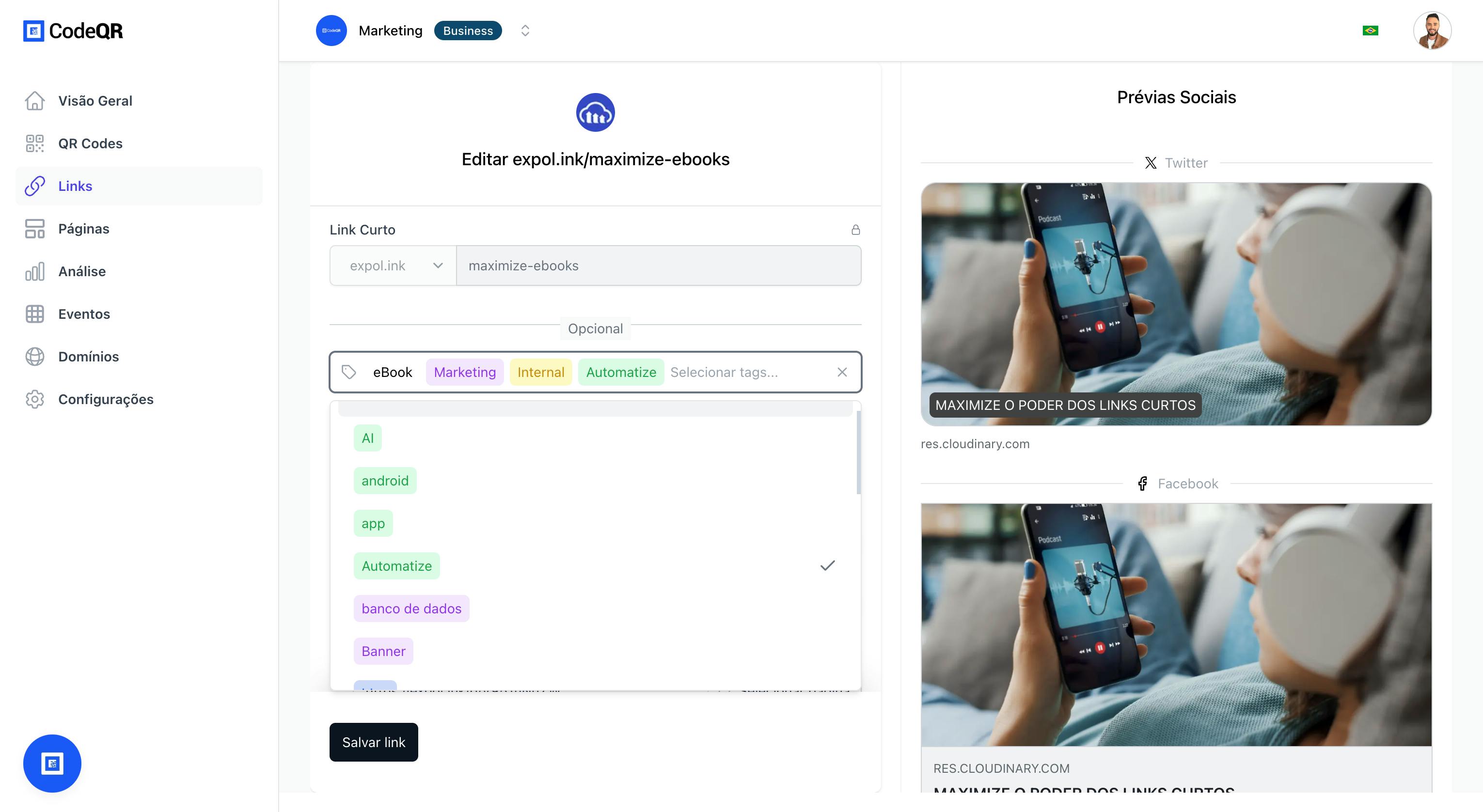 Using tags to organize links on CodeQR