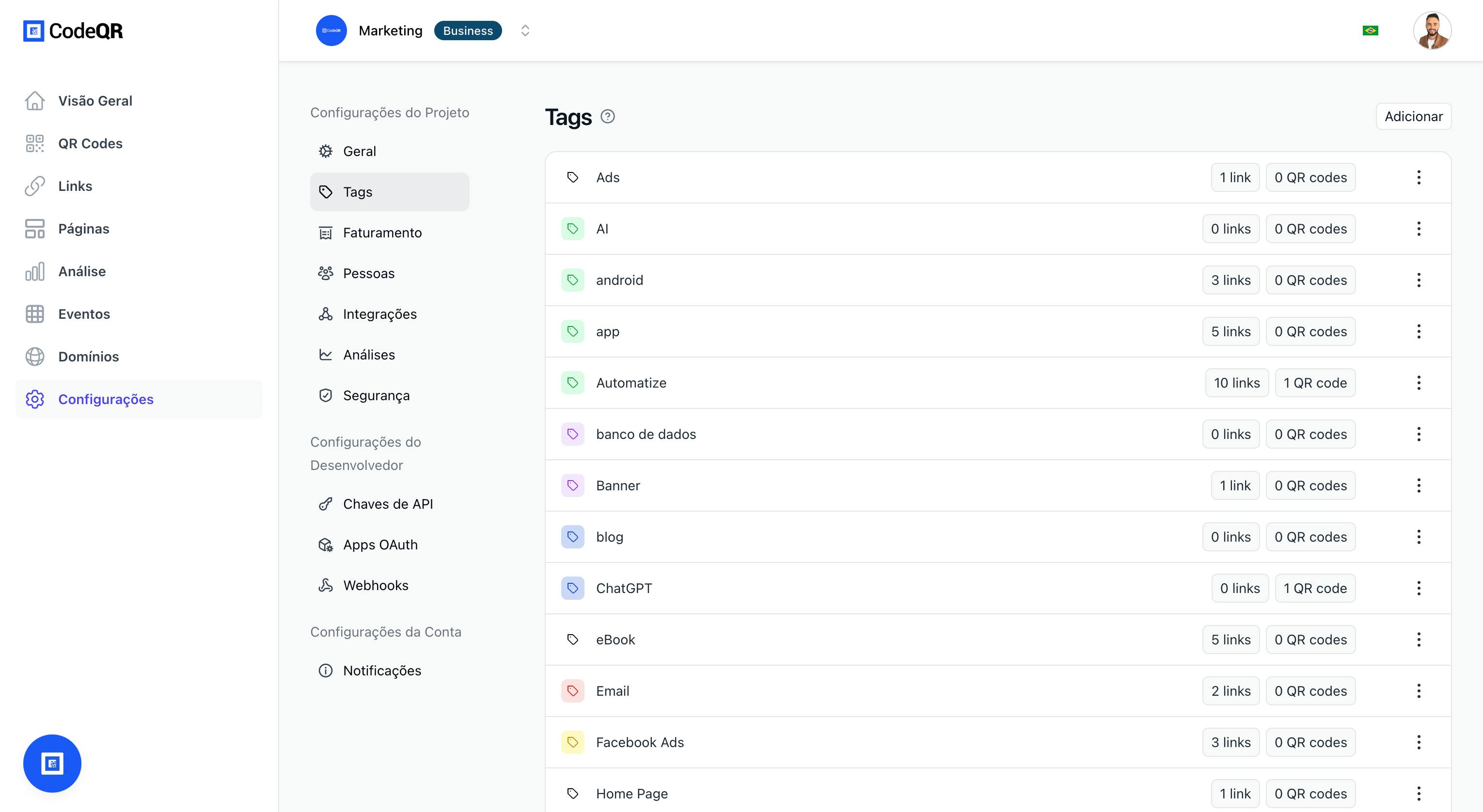 Tags settings page