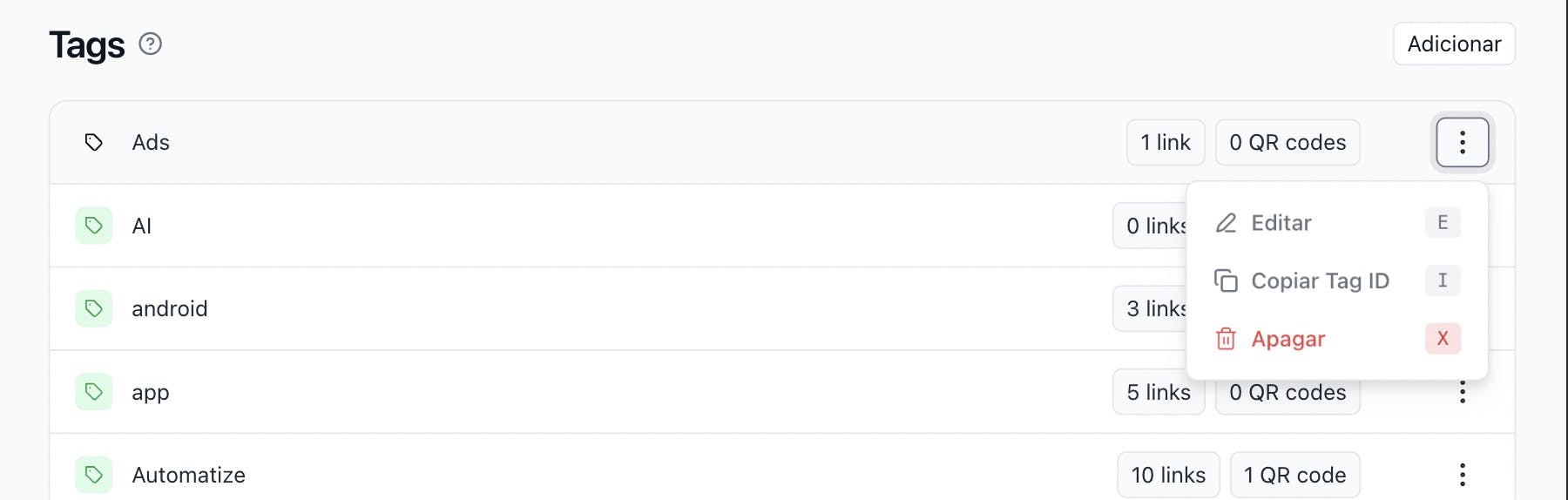 Edit a tag by clicking on the ⋮ icon