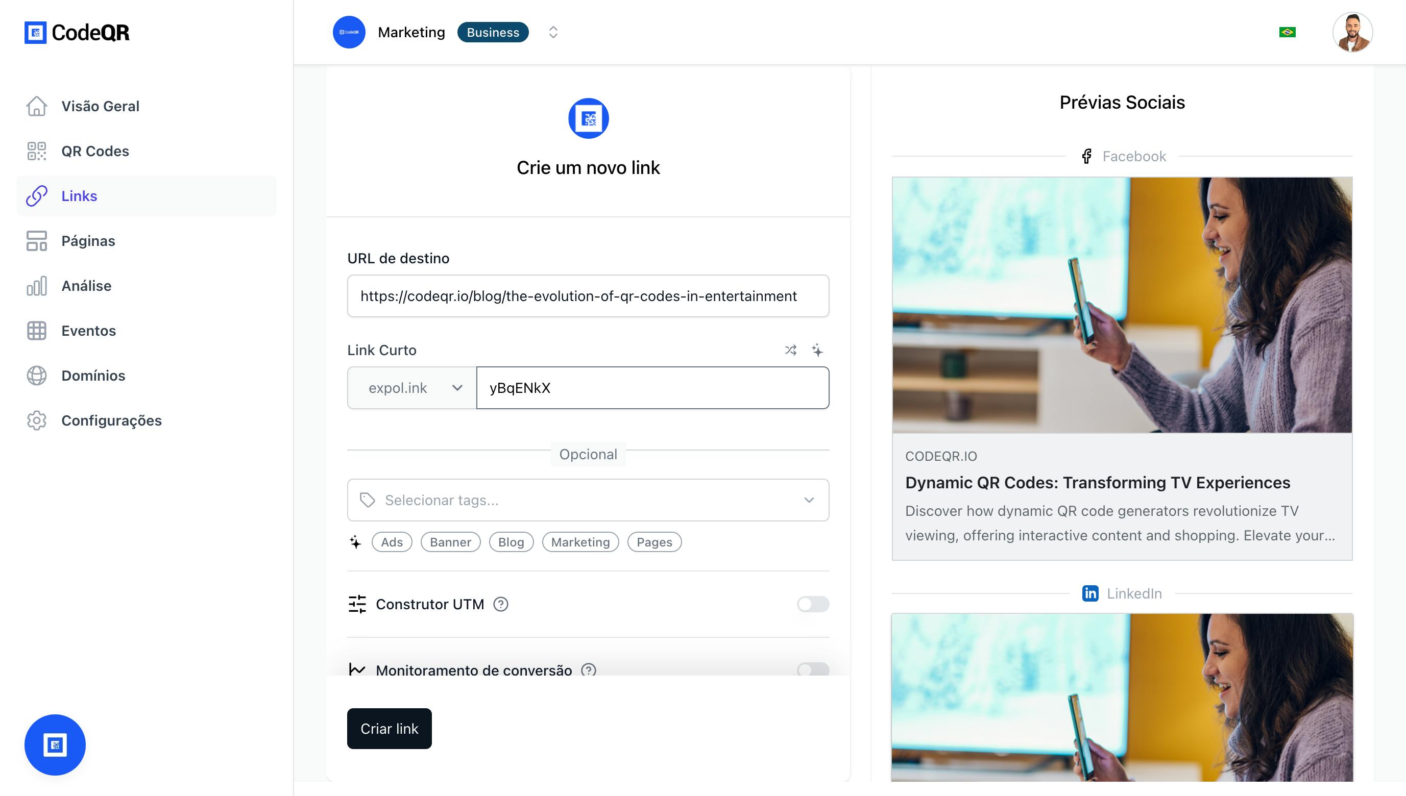 Create a link with the CodeQR link builder