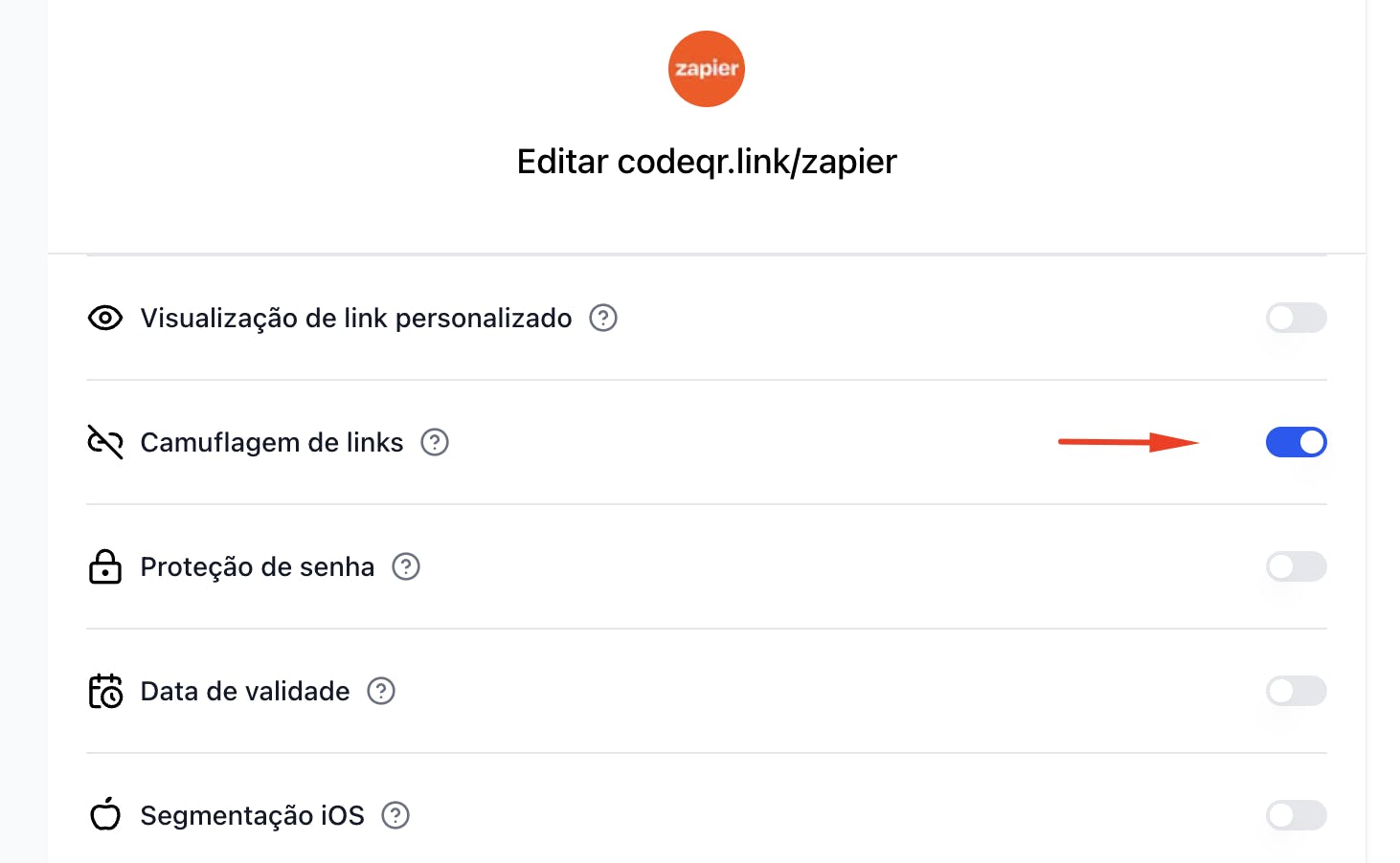 Alternando a opção "Camuflagem de Links" no construtor de links