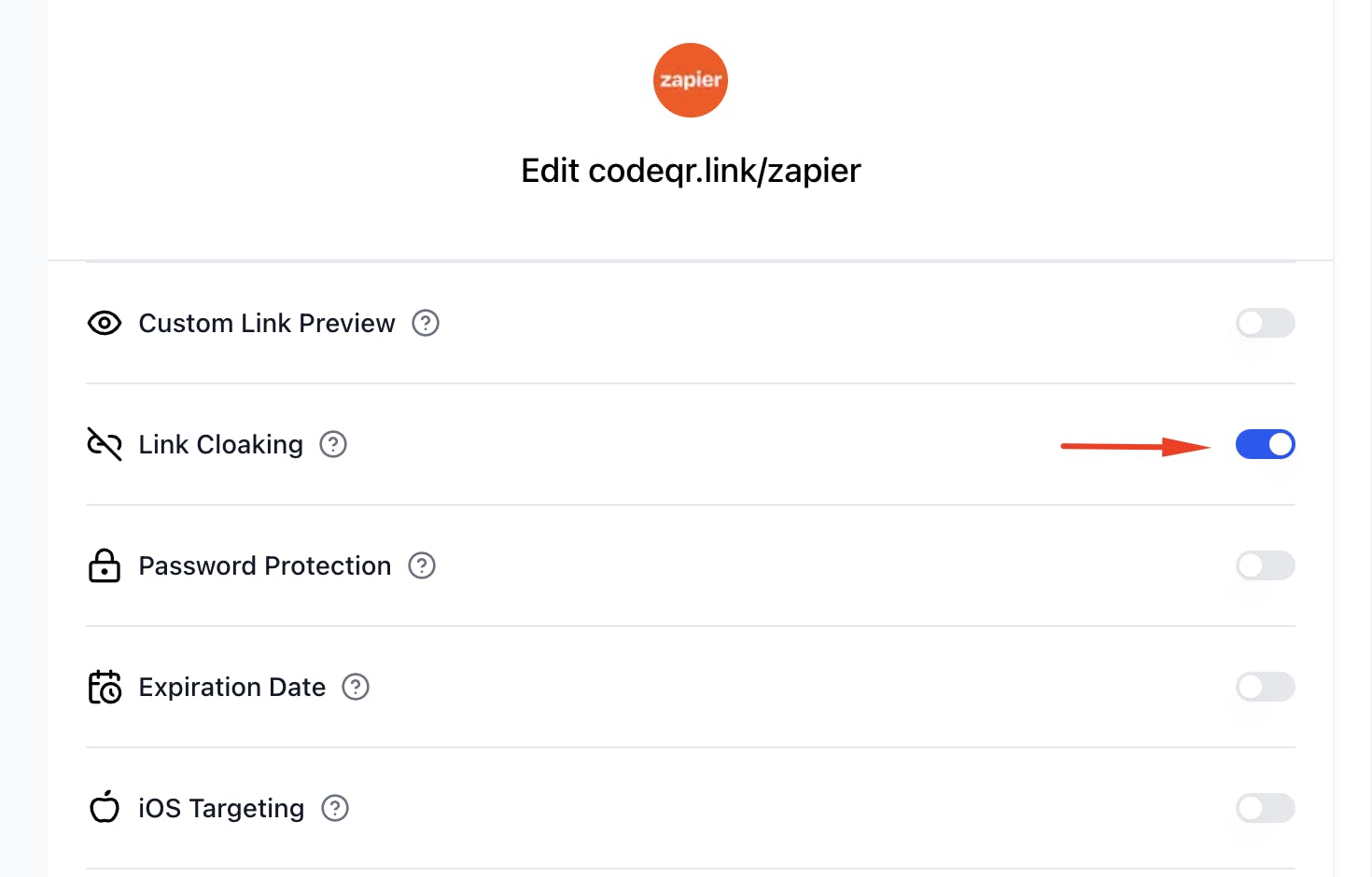 Toggling the 'Link Cloaking' switch in the link builder