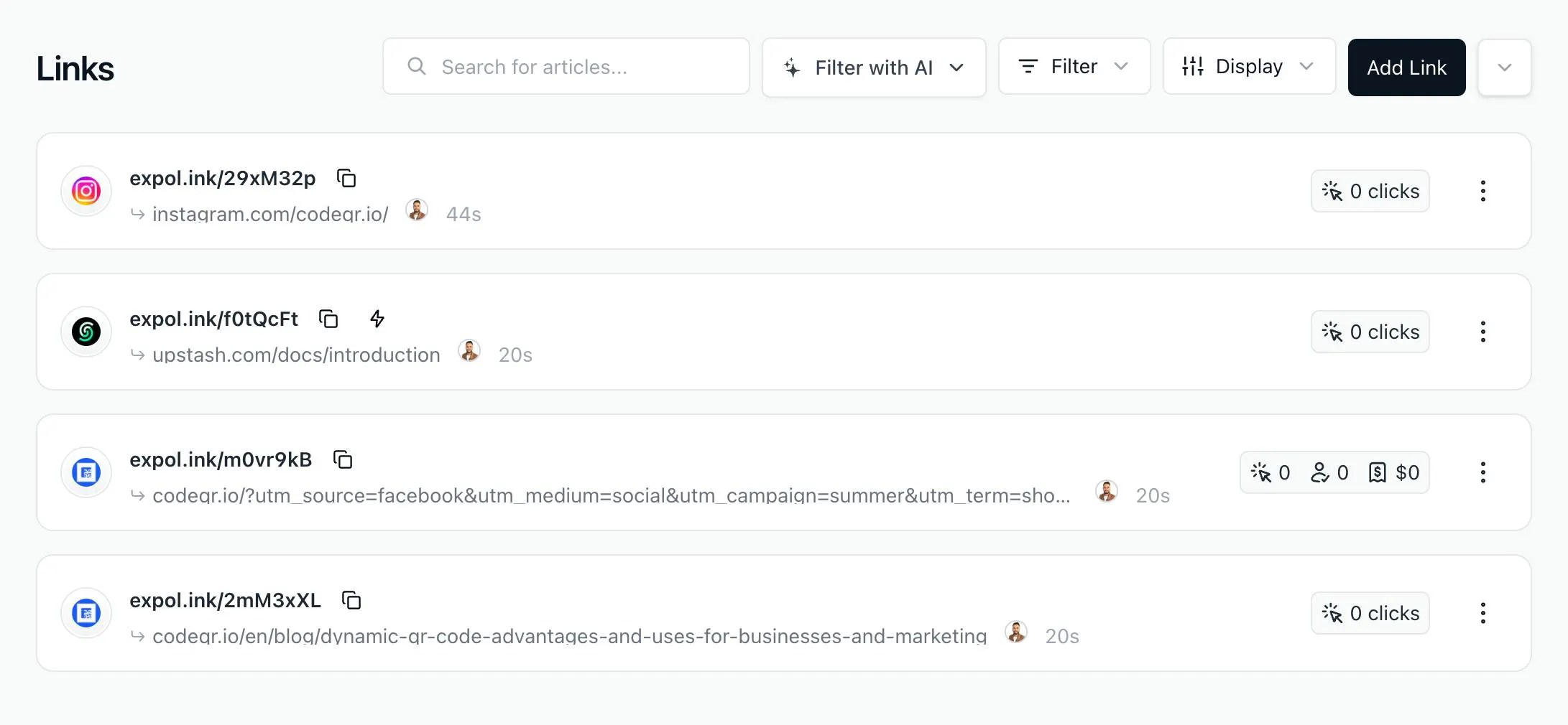 Lista de Links com os links recém-importados