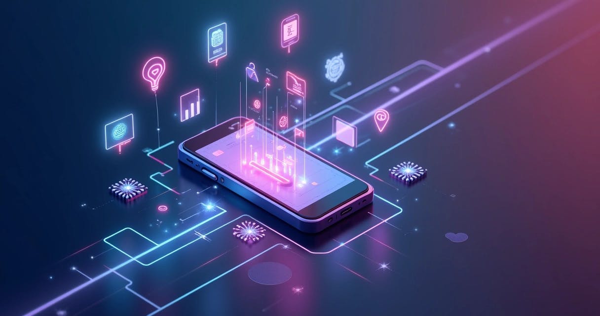 Tela de smartphone com deep linking conectando ícones de aplicativos e elementos de marketing digital