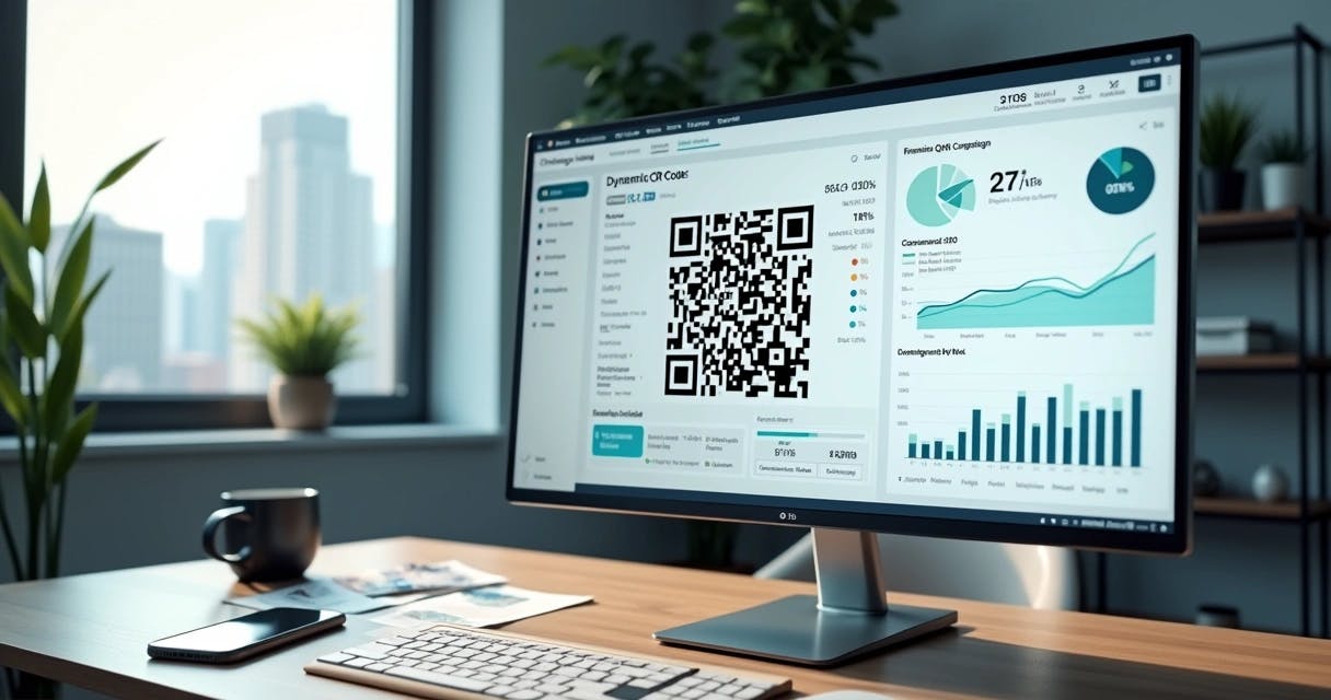 Painel de marketing com QR Code dinâmico e gráficos de desempenho em tela grande