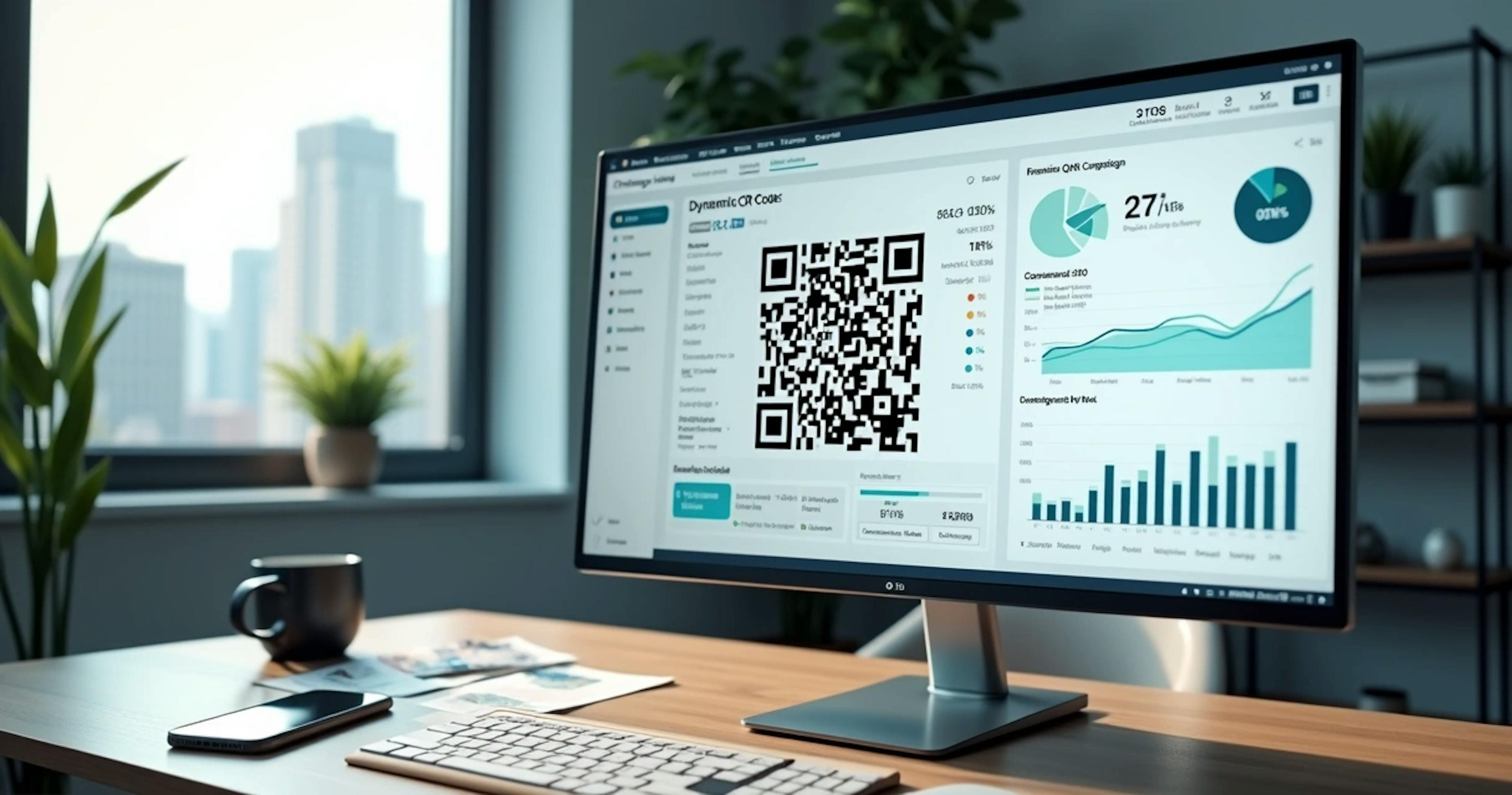 Painel de marketing com QR Code dinâmico e gráficos de desempenho em tela grande 