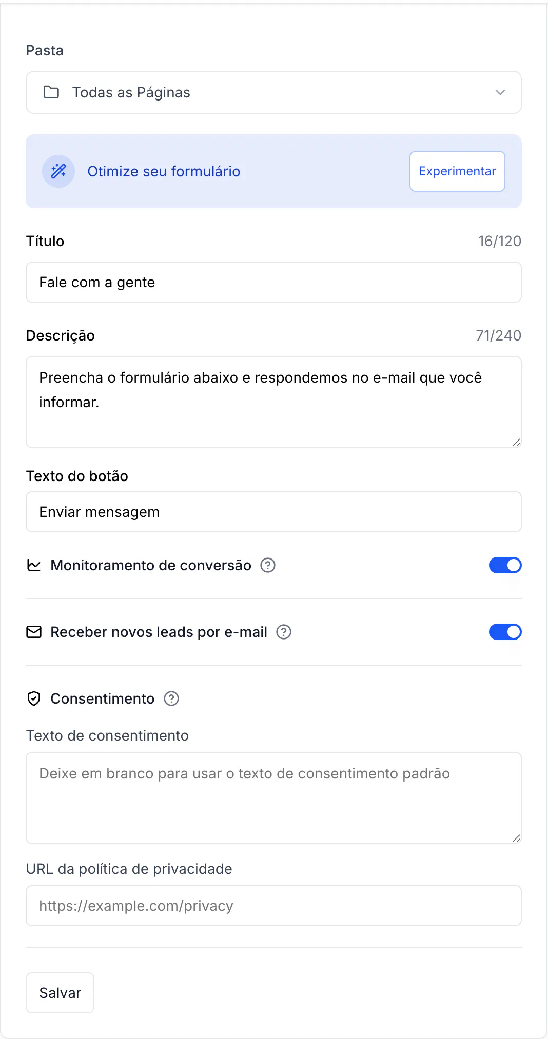 Cartão Conteúdo do Formulário com a chave Receber novos leads por e-mail