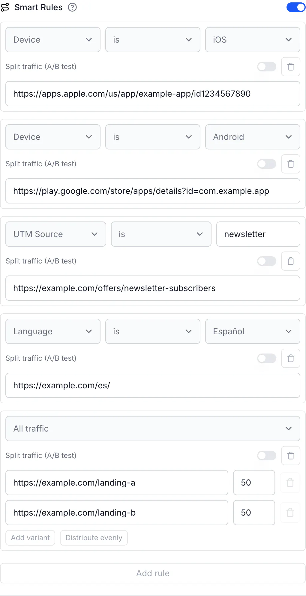 Five Smart Rules in the link builder in evaluation order: Device is iOS, Device is Android, UTM Source is newsletter, Language is Español, then All traffic split 50/50