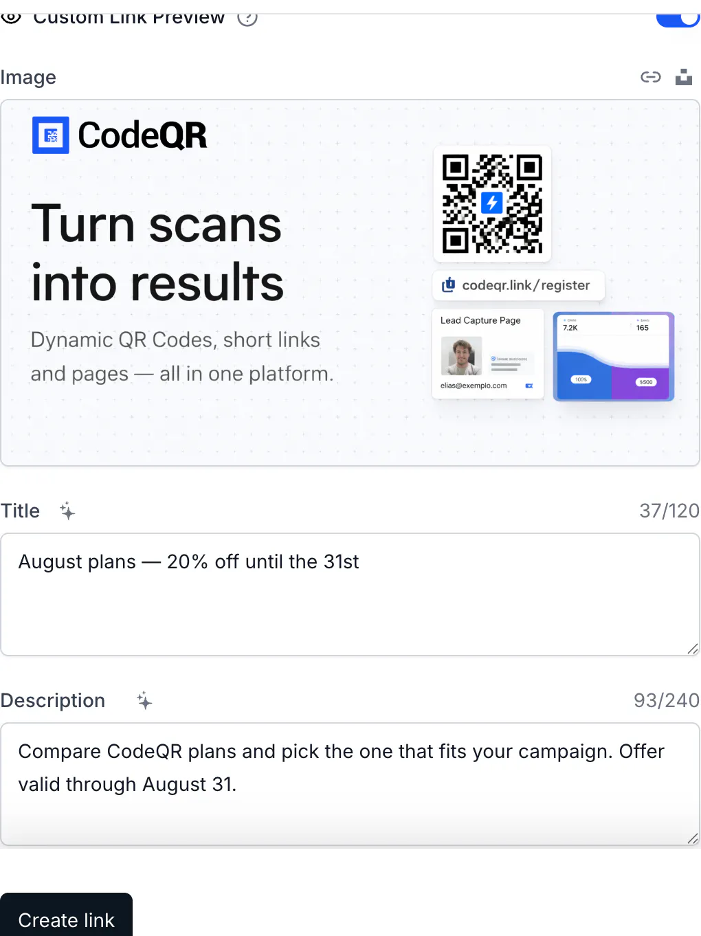 The Custom Link Preview section with image, title and description