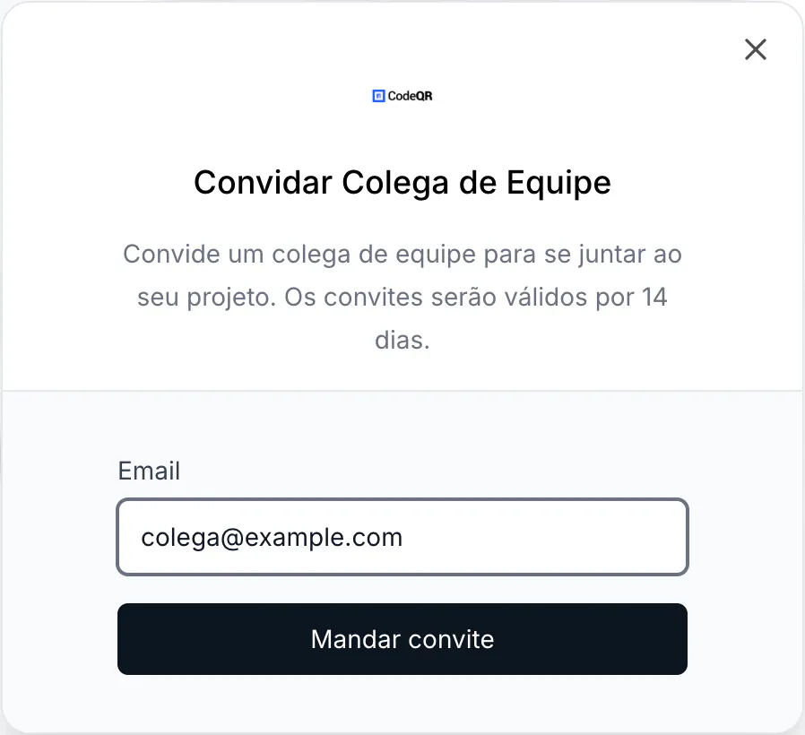 A janela de convite pedindo apenas o e-mail e avisando que o convite vale 14 dias