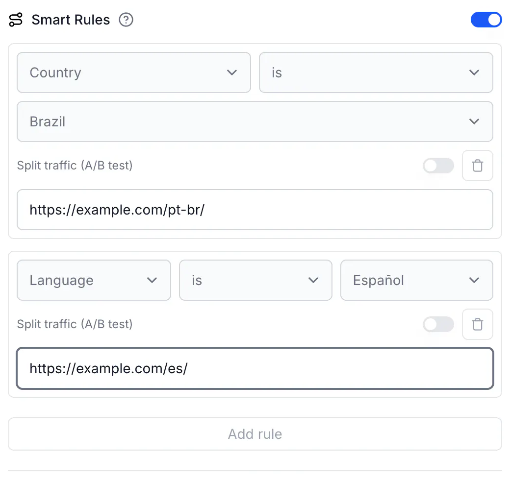 Two Smart Rules: Country is Brazil pointing to https://example.com/pt-br/ and Language is Español pointing to https://example.com/es/