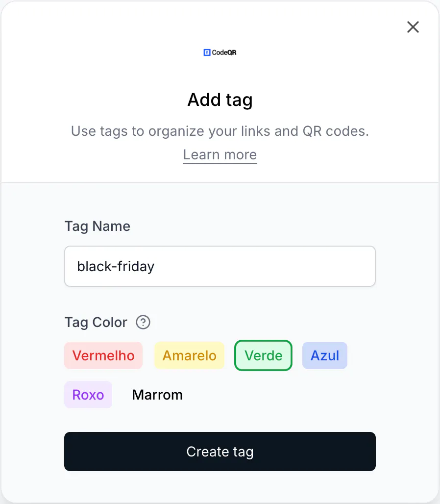 The Add tag dialog with a name typed and a color chosen