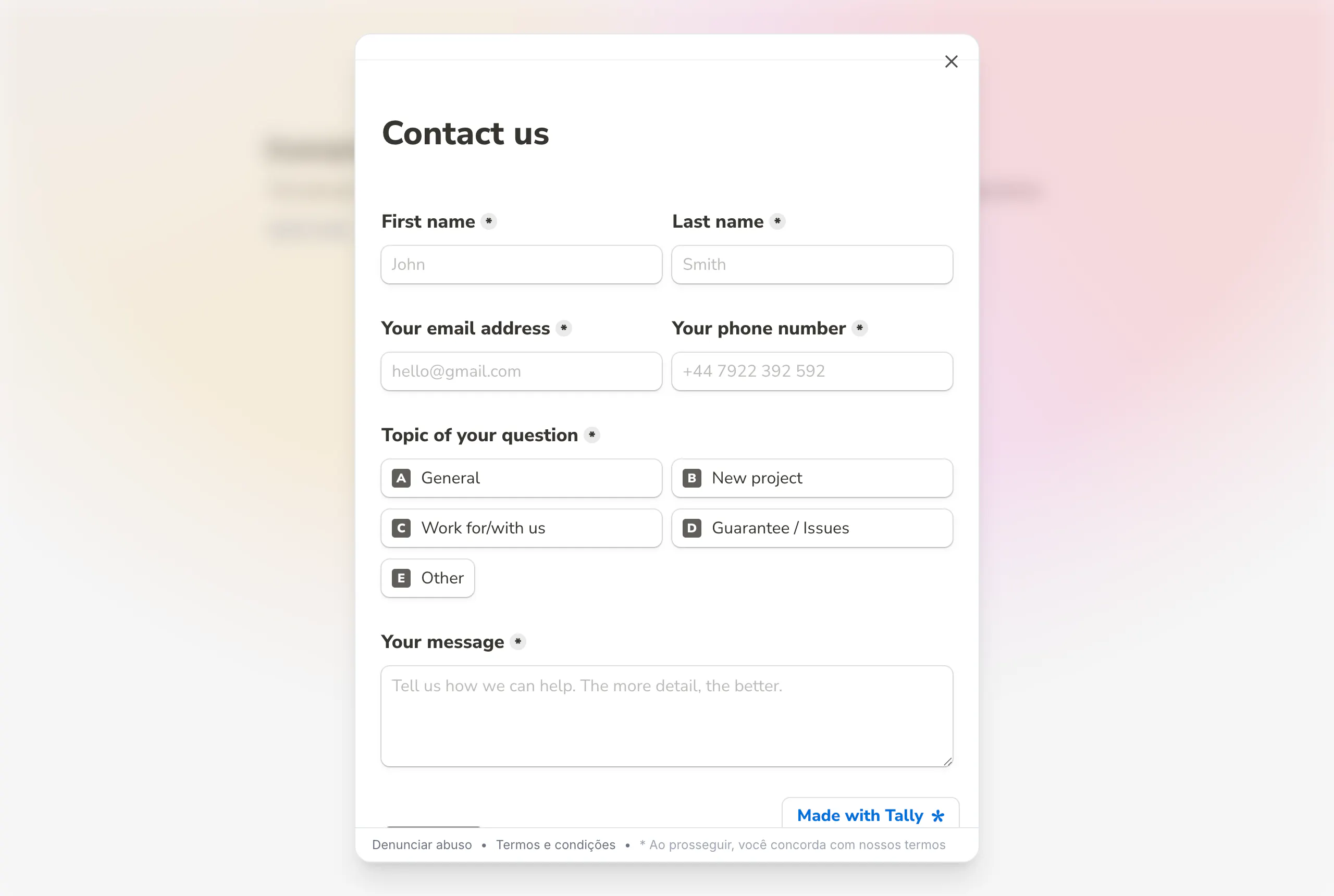 The visitor modal showing a Tally Contact us form inside a frame, with a close button in the top right corner and a blurred destination page behind