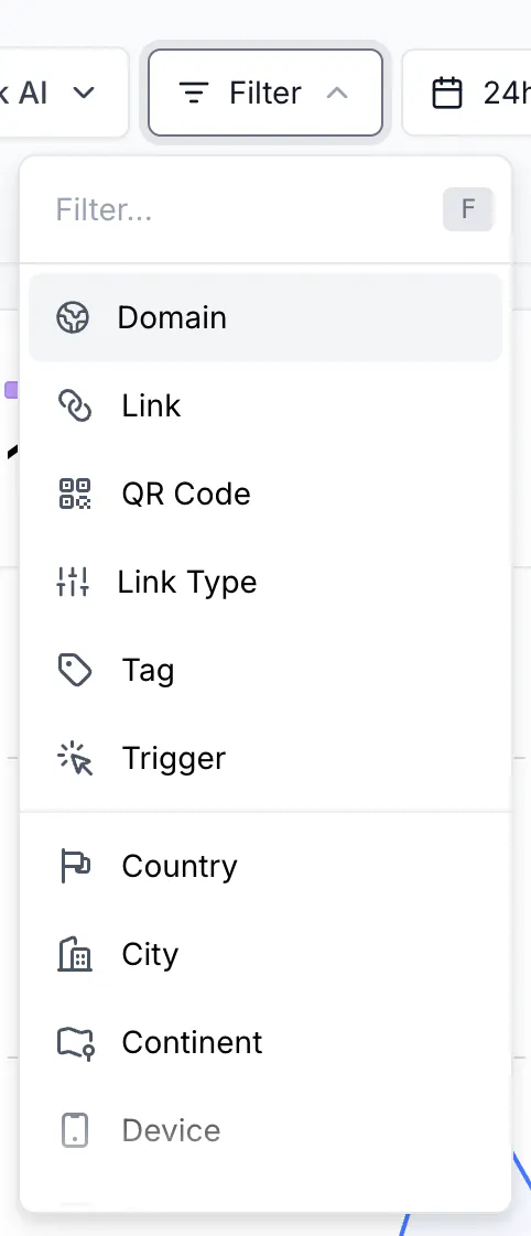 Filter menu open on the Analytics page listing every dimension from Domain to UTM Term