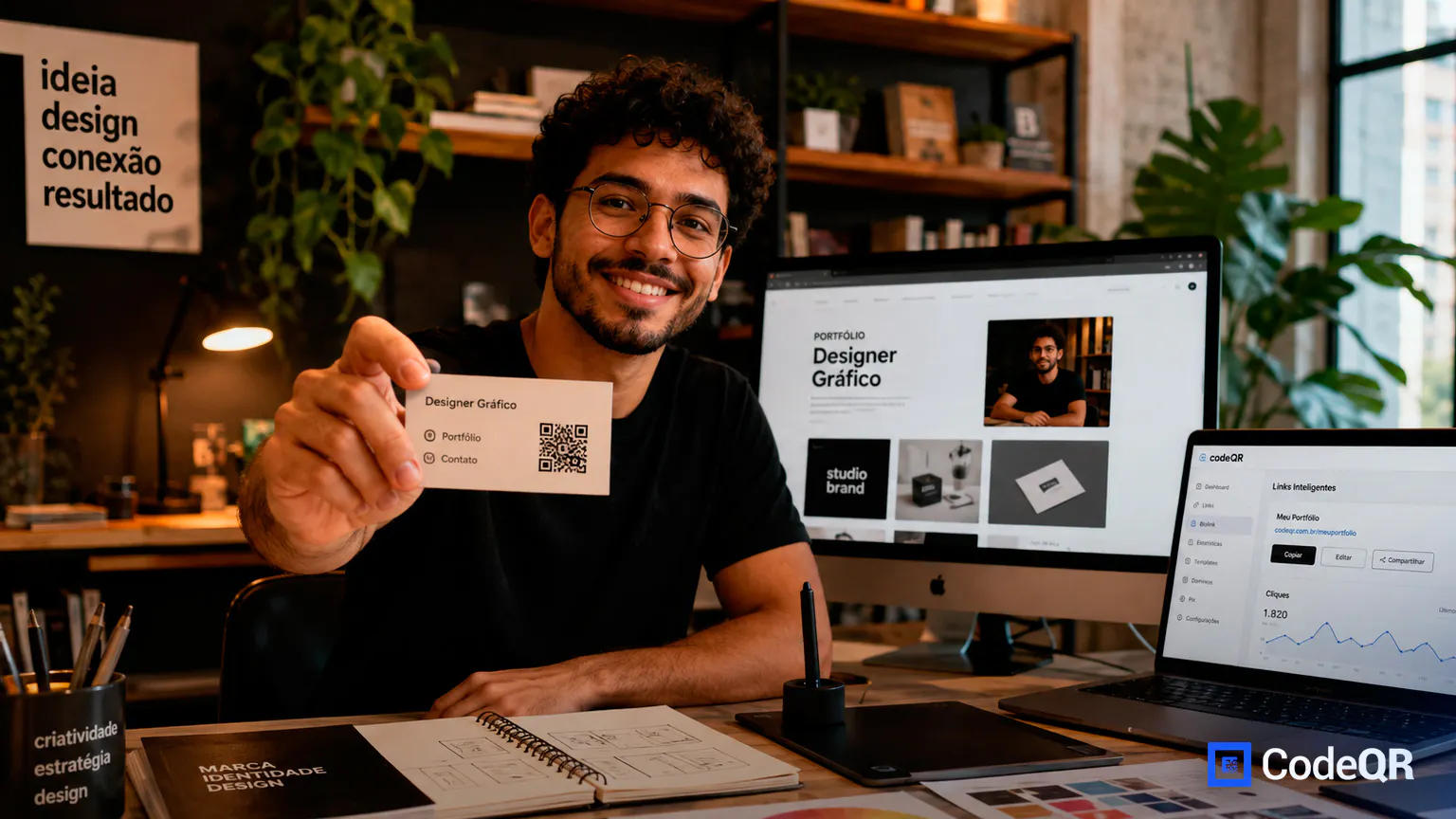 Designer gráfico revisando cartão, embalagem e pôster com QR Codes integrados ao layout