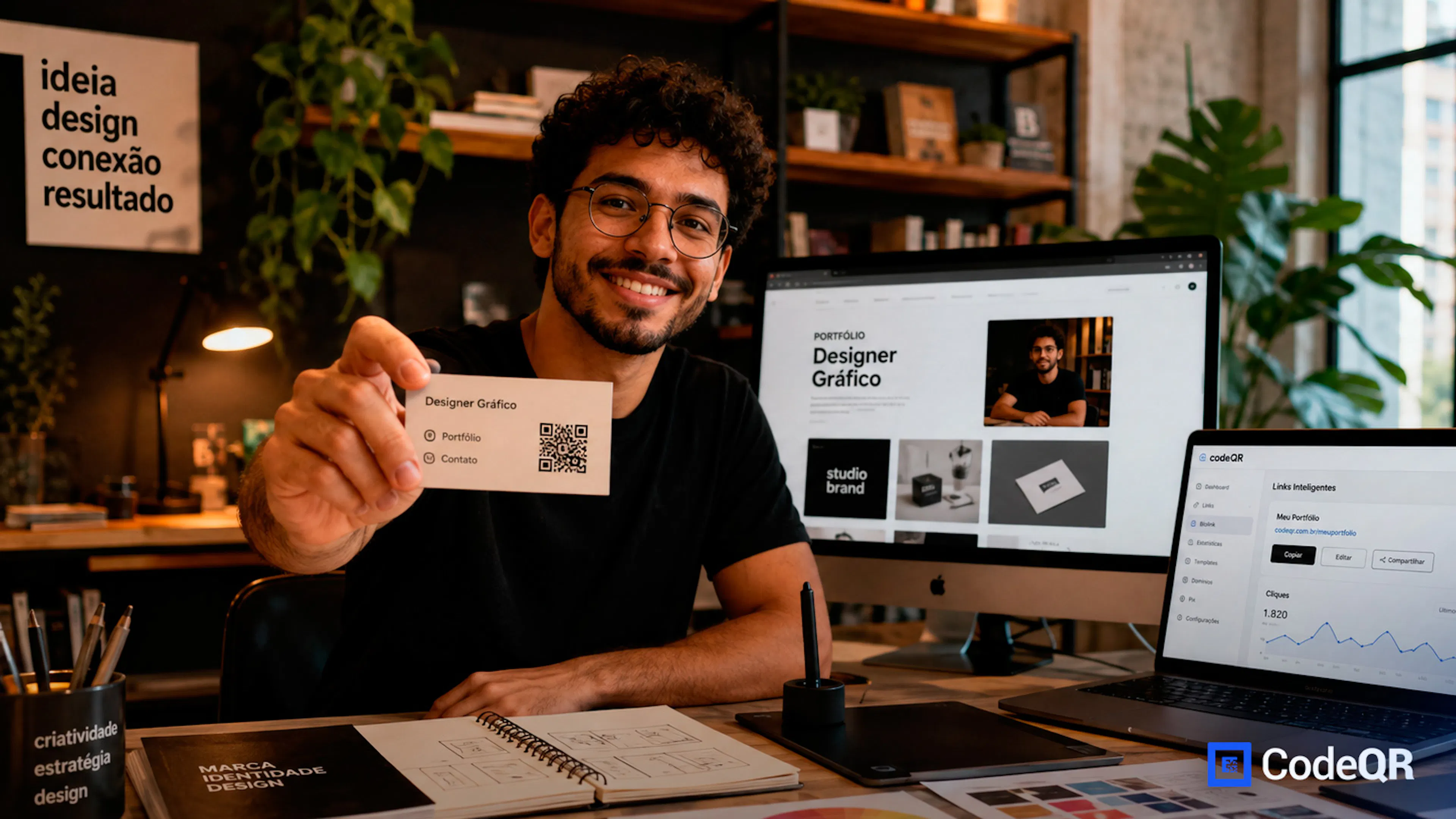 Designer gráfico revisando cartão, embalagem e pôster com QR Codes integrados ao layout