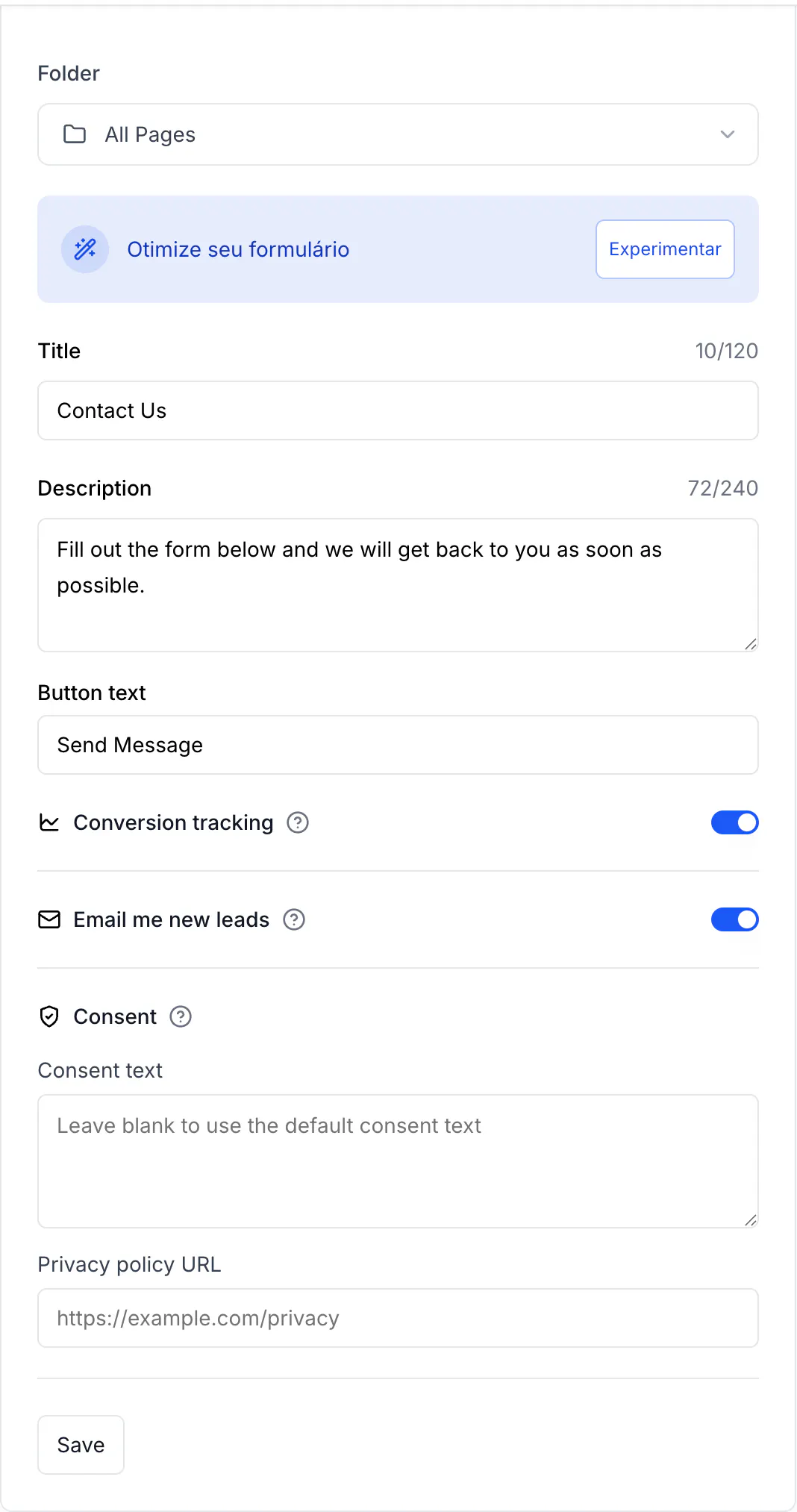 The Form Content card with the Email me new leads switch
