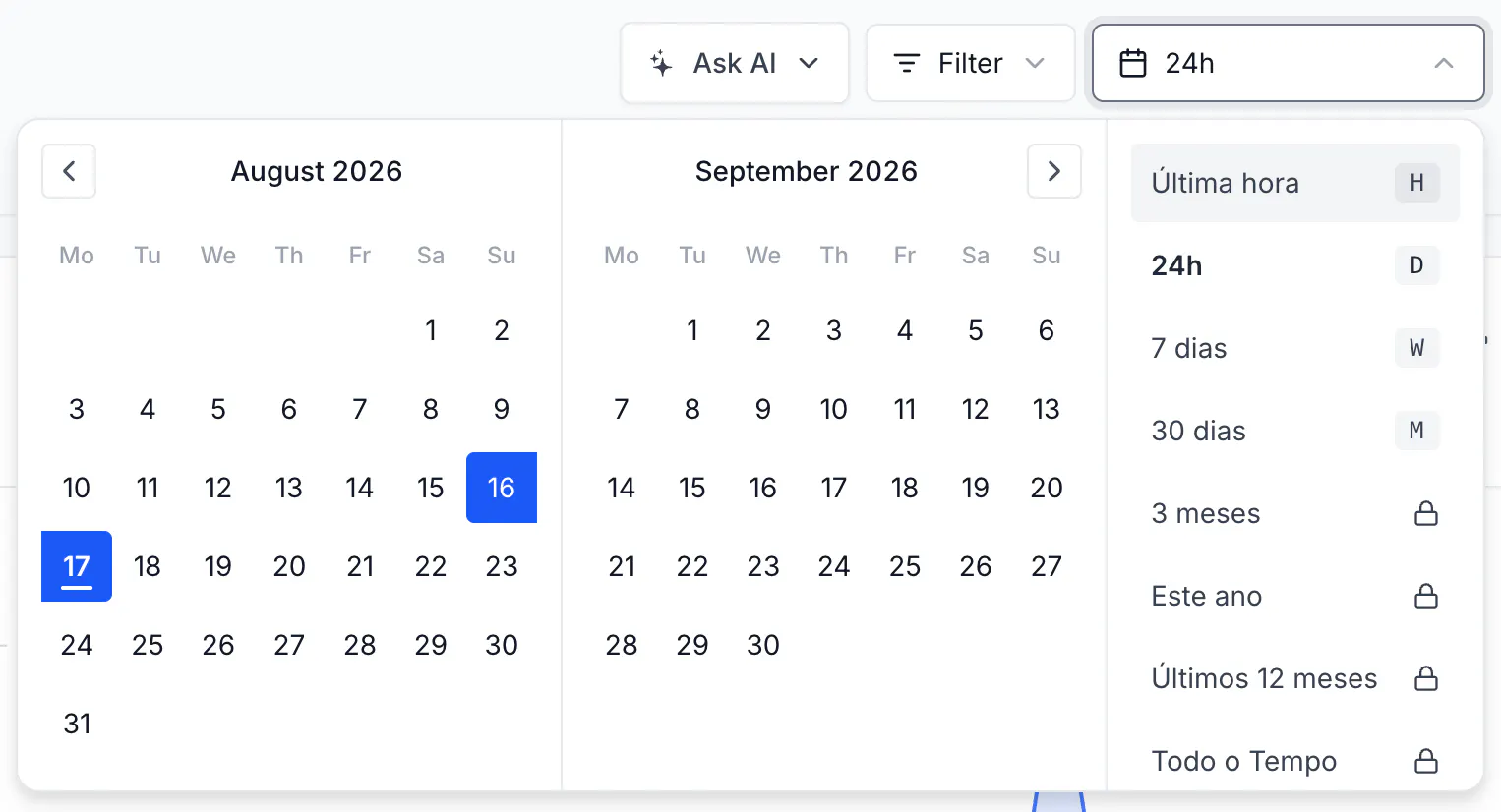 Date range menu with the presets Última hora, 24h, 7 dias, 30 dias and the locked 3 meses, Este ano, Últimos 12 meses and Todo o Tempo on a Free workspace