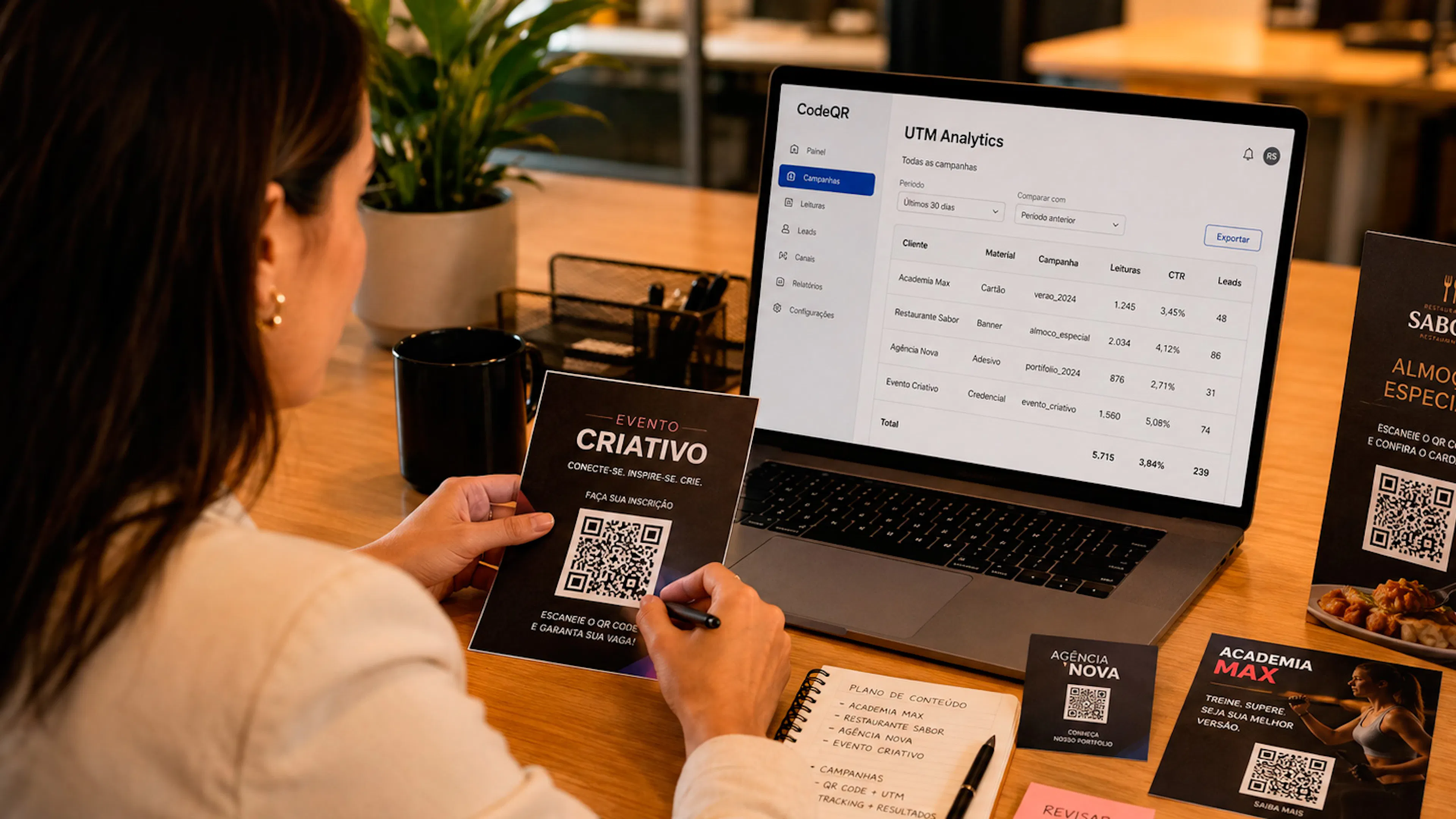 Texto alternativo	Social media analisando campanha com cartaz contendo QR Code e painel de métricas