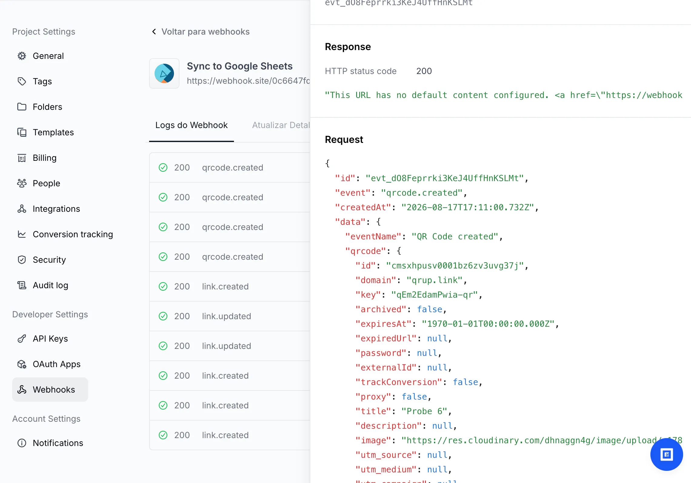 Webhook event log with 200 rows and the request/response panel
