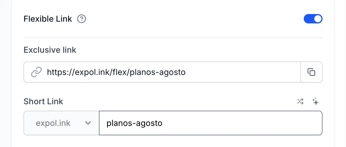 The Flexible Link switch turned on, showing the exclusive link and the short link