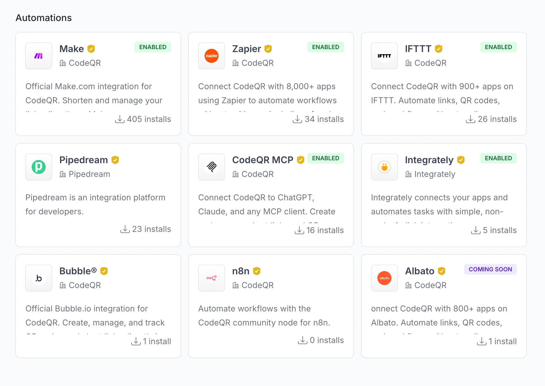 Automations section of the Integrations page with Make, Zapier, IFTTT, Pipedream, CodeQR MCP, Integrately, Bubble, n8n and Albato cards