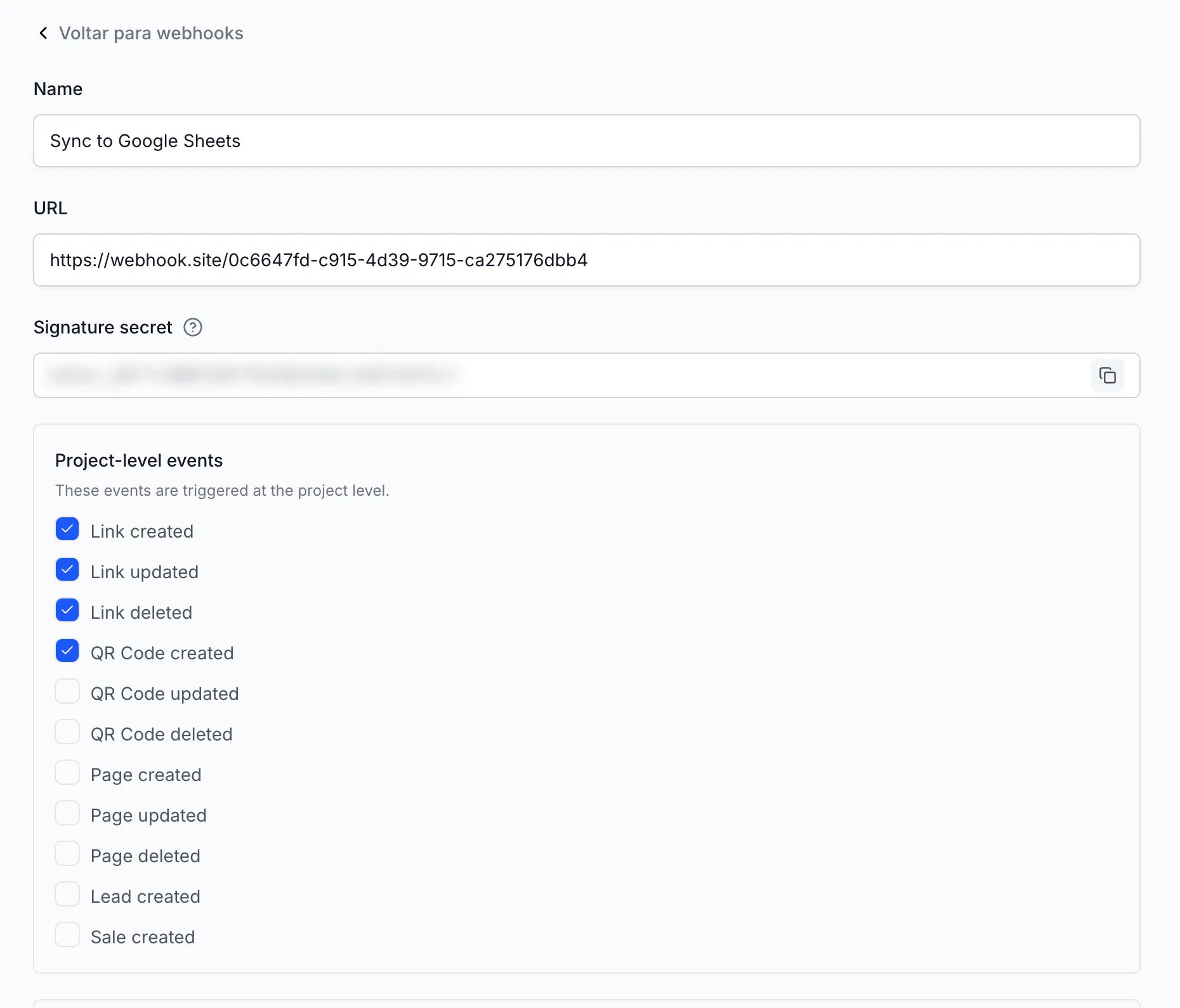 Create webhook form: Name, URL, Signature secret and the project-level events