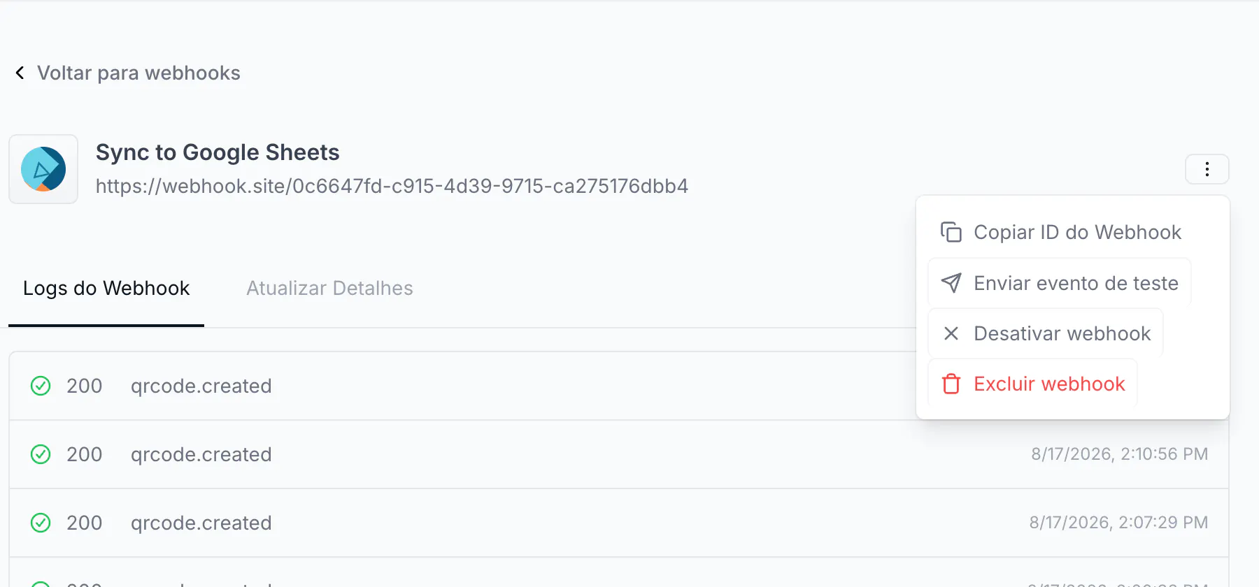 Webhook options menu