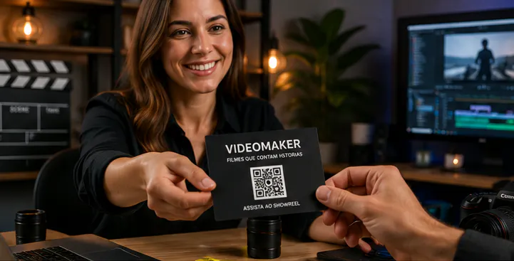 Texto alternativo Videomaker exibindo showreel em celular após escanear QR Code de cartão profissional