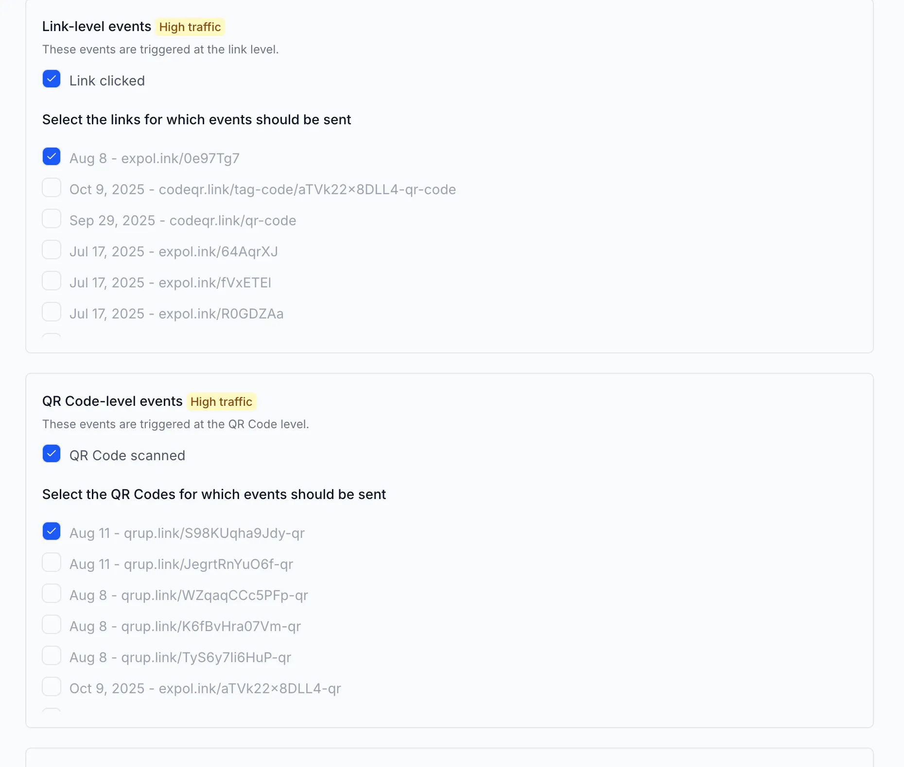 Link-level and QR Code-level events with the pickers of links and QR codes