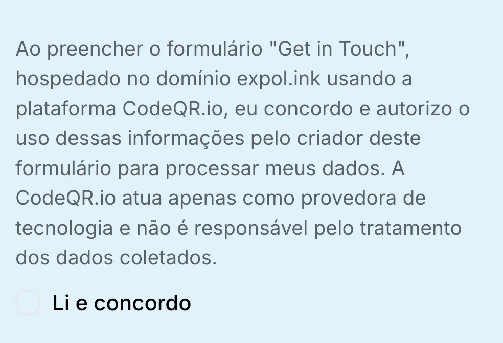 Aviso de consentimento em português no celular, com a caixa Li e concordo