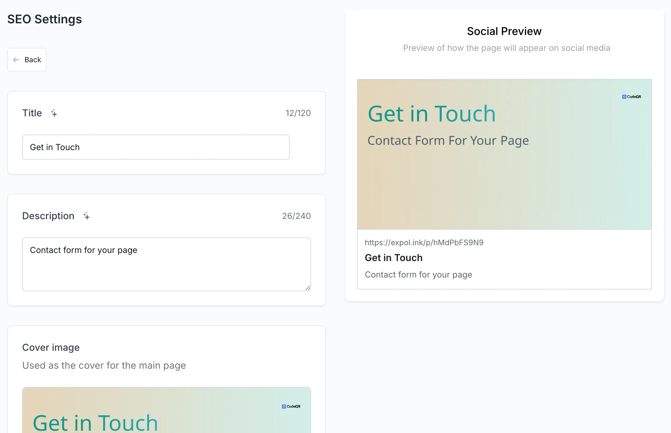 The SEO tab with Title, Description and Cover image on the left and the Social Preview card on the right