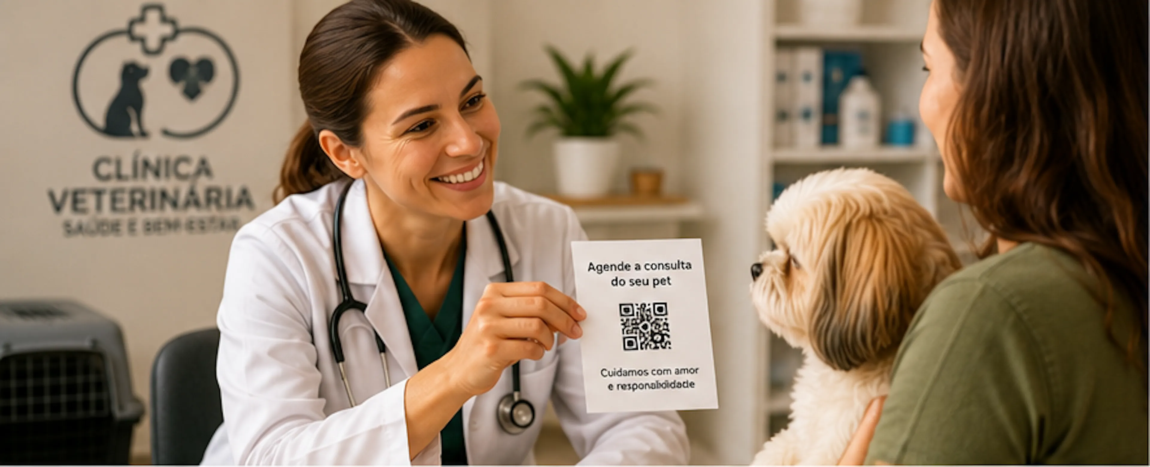 Veterinário em clínica mostrando QR Code para agendamento e orientações gerais aos tutores