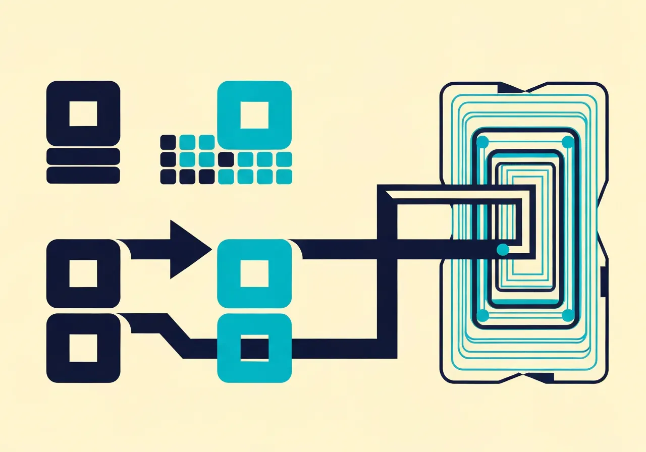 UX Design Patterns illustrated as interconnected geometric blueprint modules on a clean background