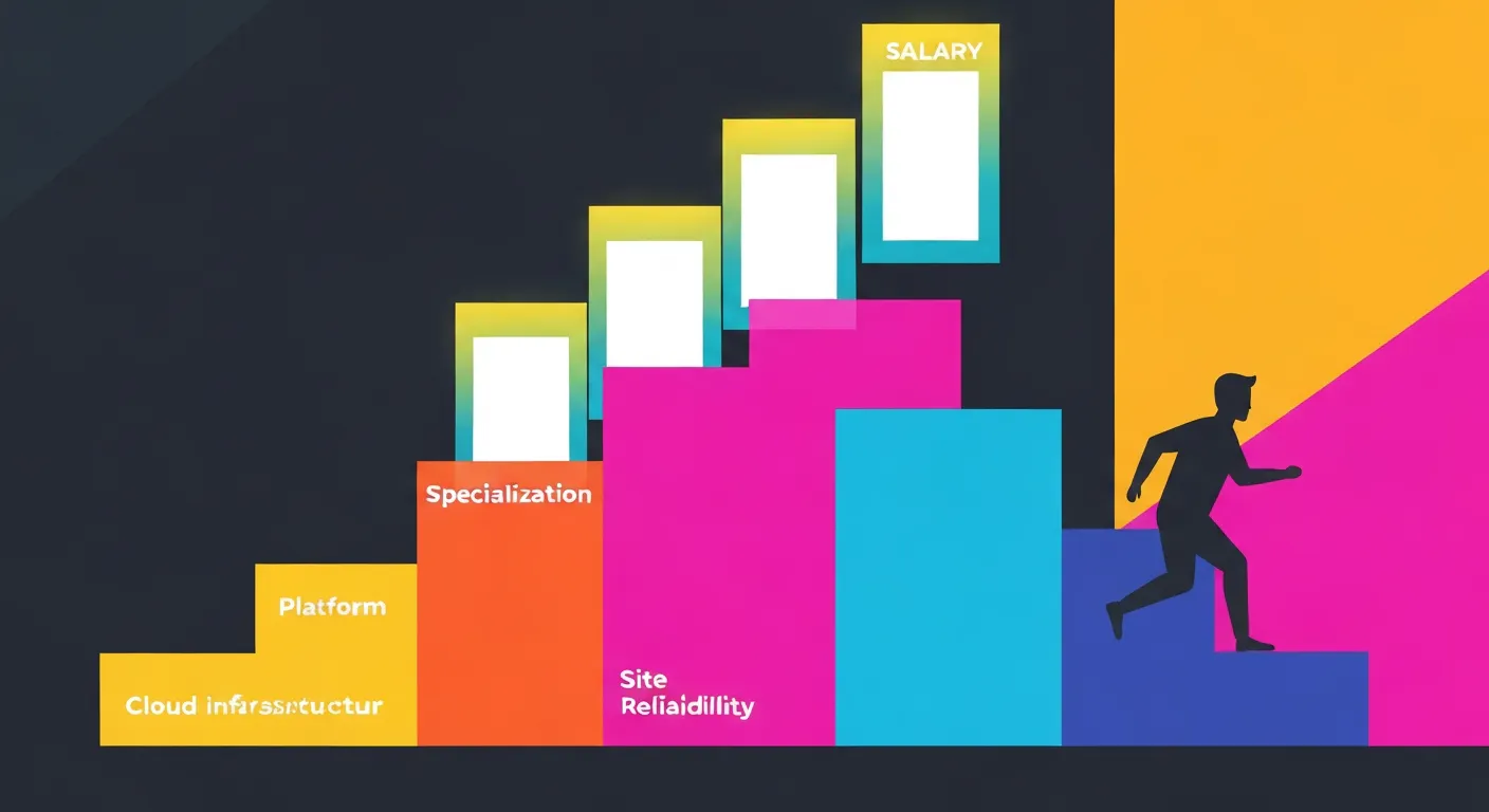 DevOps engineer career path and salary growth illustrated as a colorful geometric staircase