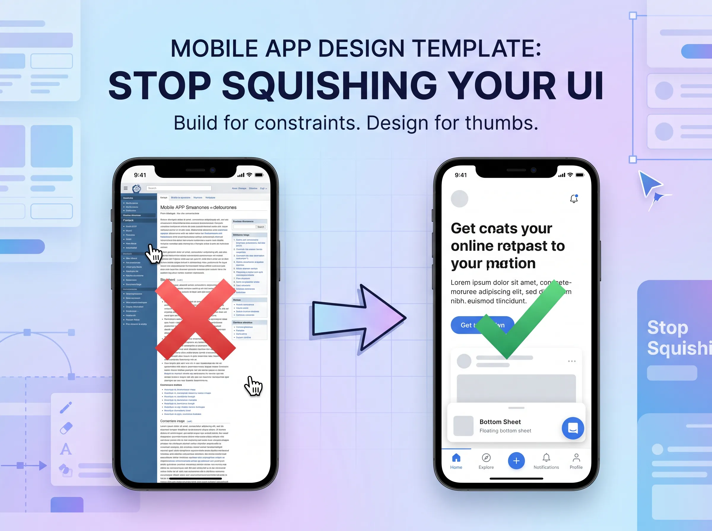 Mobile app UI design template showing a clean, responsive interface with navigation, cards, and touch-friendly elements