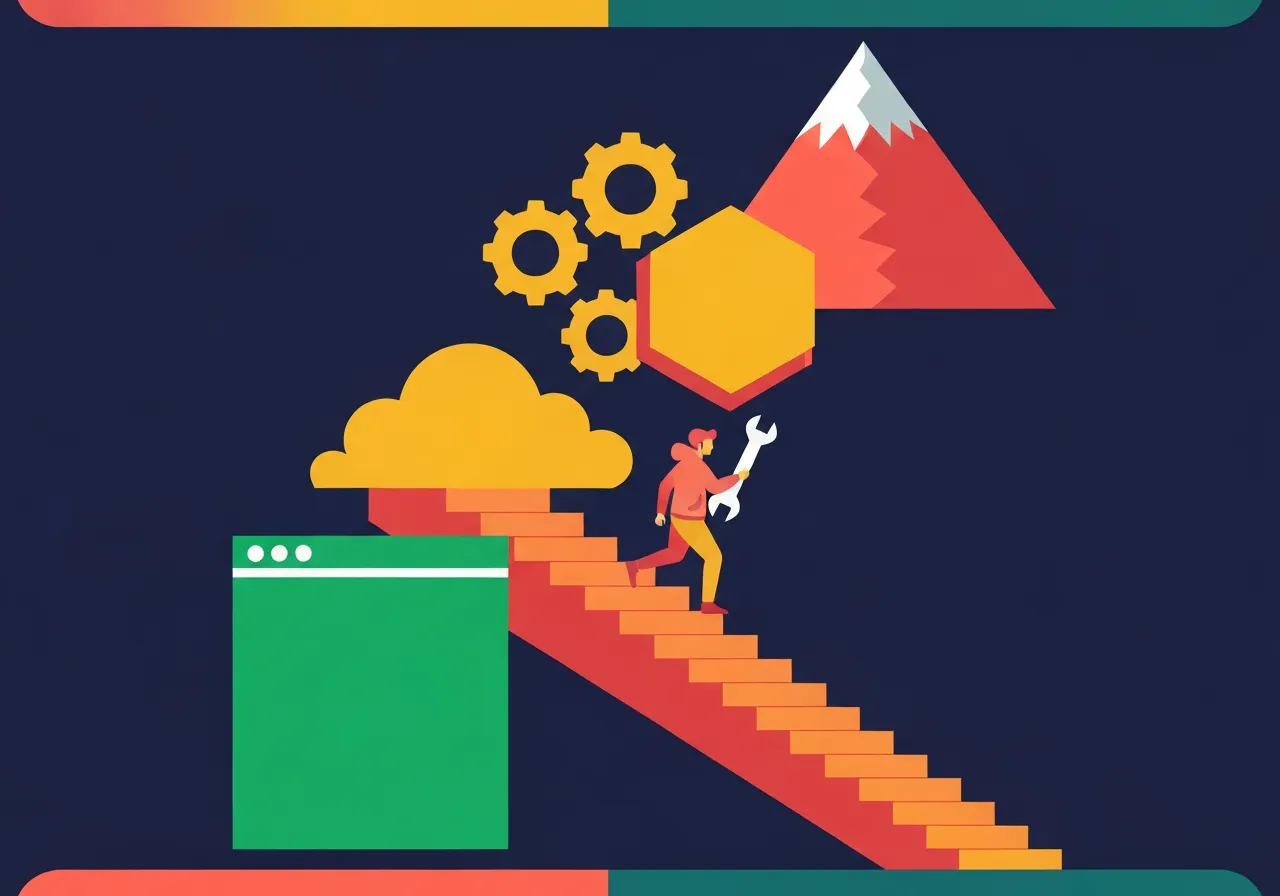 Illustrated staircase visualizing the DevOps roadmap from Linux basics up to Kubernetes and monitoring