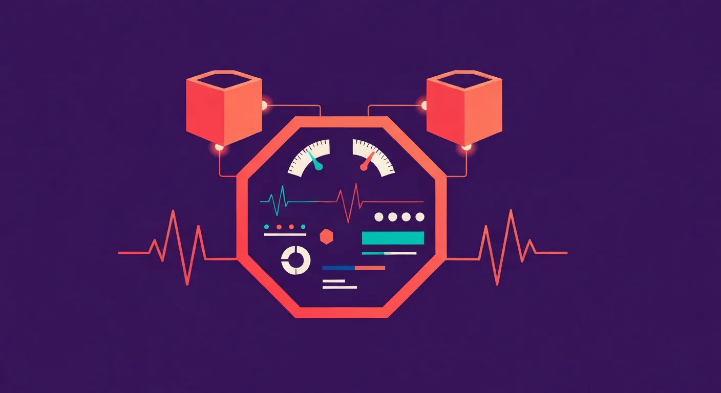 Flat illustration of monitoring and logging in DevOps showing metrics dashboards and container health