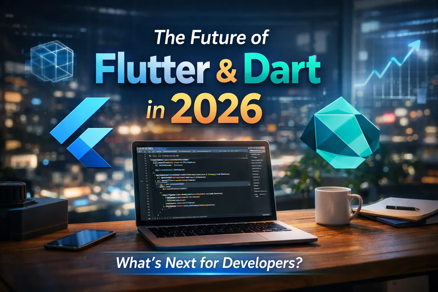 Laptop displaying Flutter and Dart code on a desk with Flutter and Dart logos and “The Future of Flutter & Dart in 2026” title over a blurred city background.