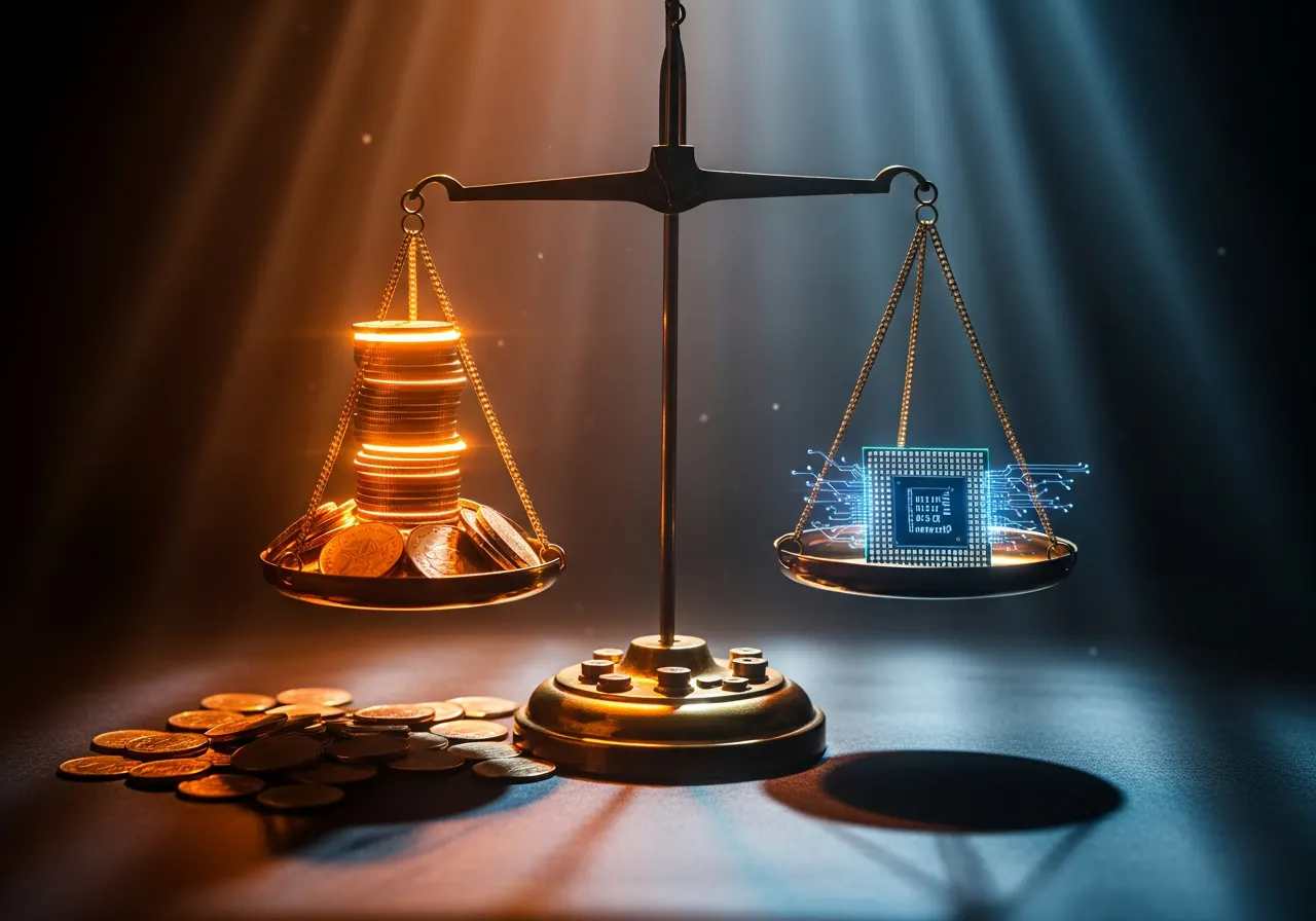 Balance scale weighing coins against a microchip representing GitHub Copilot pricing changes