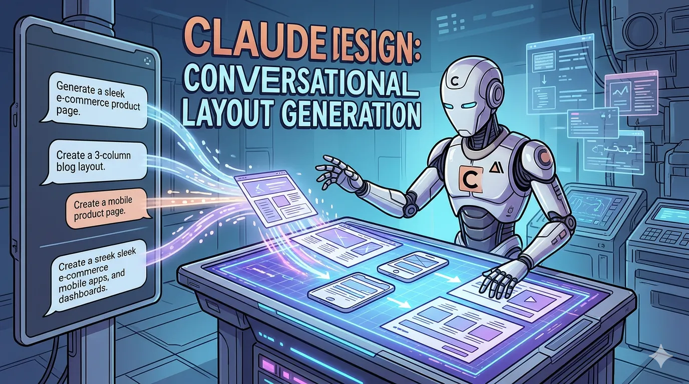 Conceptual hero image of Claude Design generating layouts from conversational prompts on a glowing drafting surface