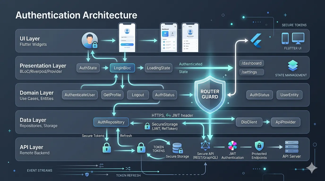 Flutter authentication architecture showing layered Clean Architecture flow with router guard, token refresh, and state management