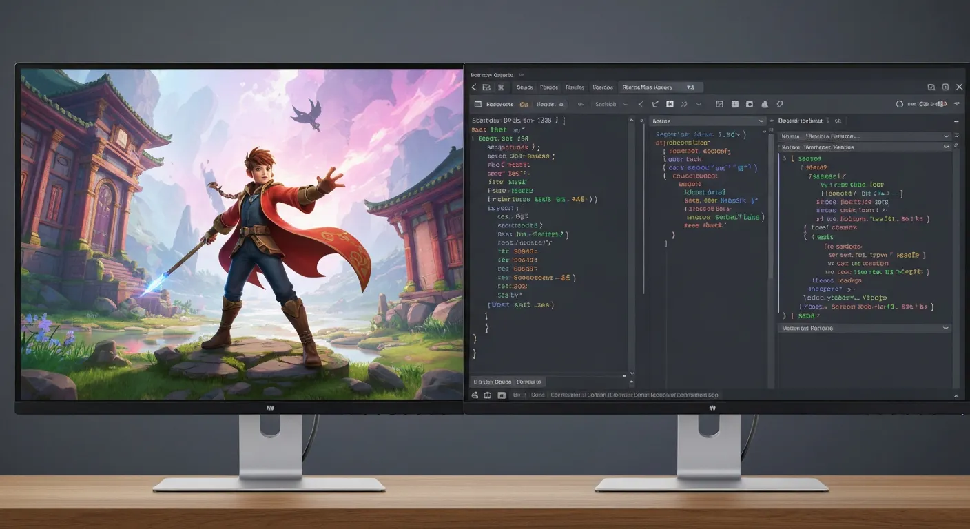 Design to code workflow with wireframes and code tokens shown across dual monitors