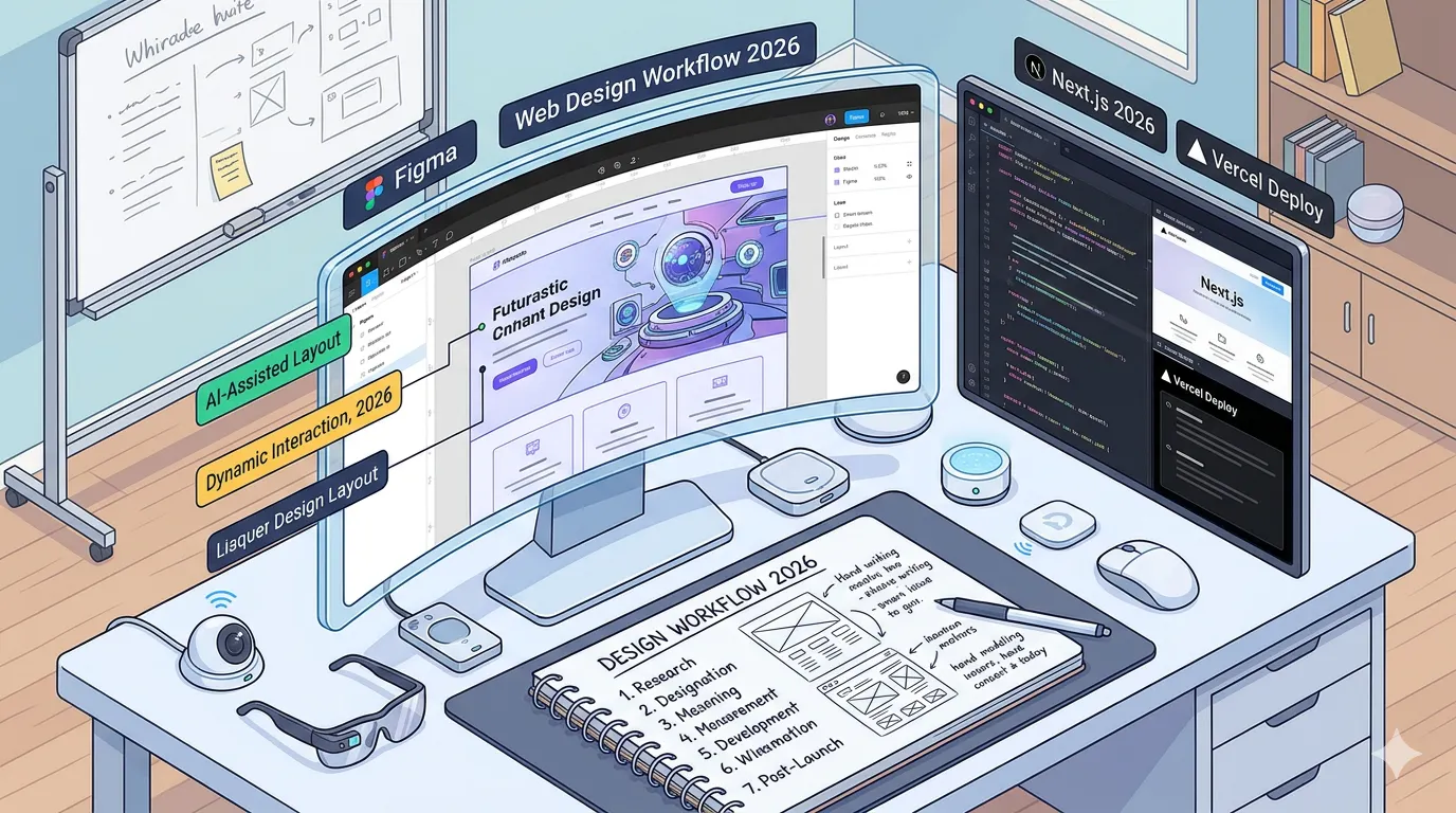 Developer desk showing the web design workflow 2026 in progress with Figma open and notebook