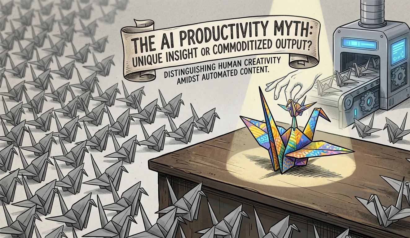 A unique colorful paper crane standing out among identical gray ones, illustrating the AI productivity myth and commoditized output.