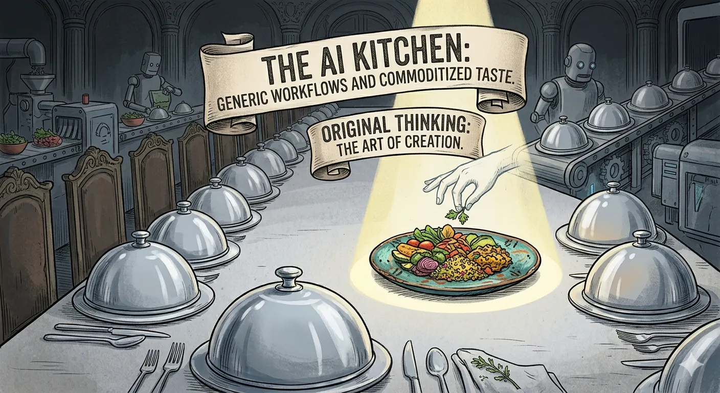 Identical plated dishes on a long table with one different plate, symbolizing generic AI workflows versus original thinking.